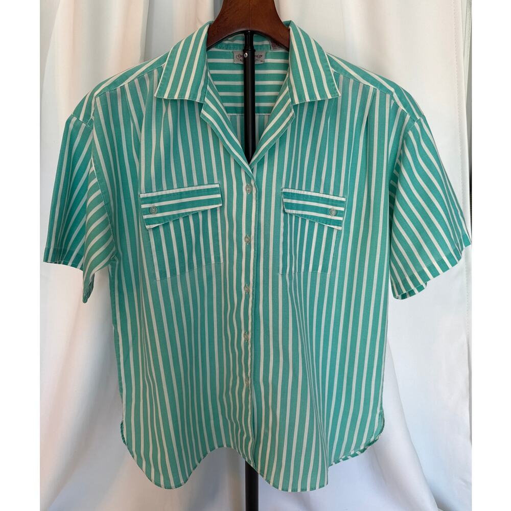 Vintage 1987 Grand Design Striped Button-Down Shirt Women’s 14 Aqua & White